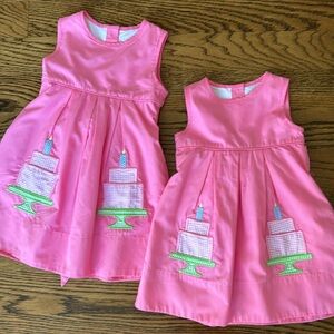 The Yellow Lamb Birthday Cake Tea Dress twins sisters 2 & 3 Pink Appliqué 🎀🎂